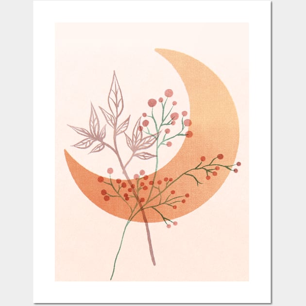 Neutral Boho Art, with moon and plants Wall Art by Miss-Joghurt